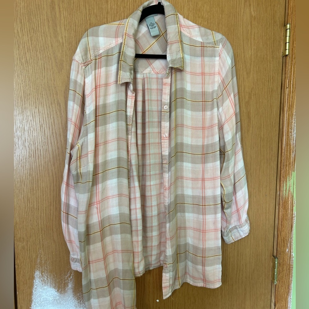Catherine’s 2XL Button-Up Plaid Gingham Shirt in Cream, Pink & Tan Cowgirl